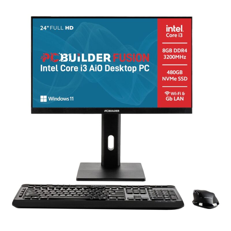 PCBuilder FUSION 24″ Intel i3-14100 Windows 11 AiO Desktop PC