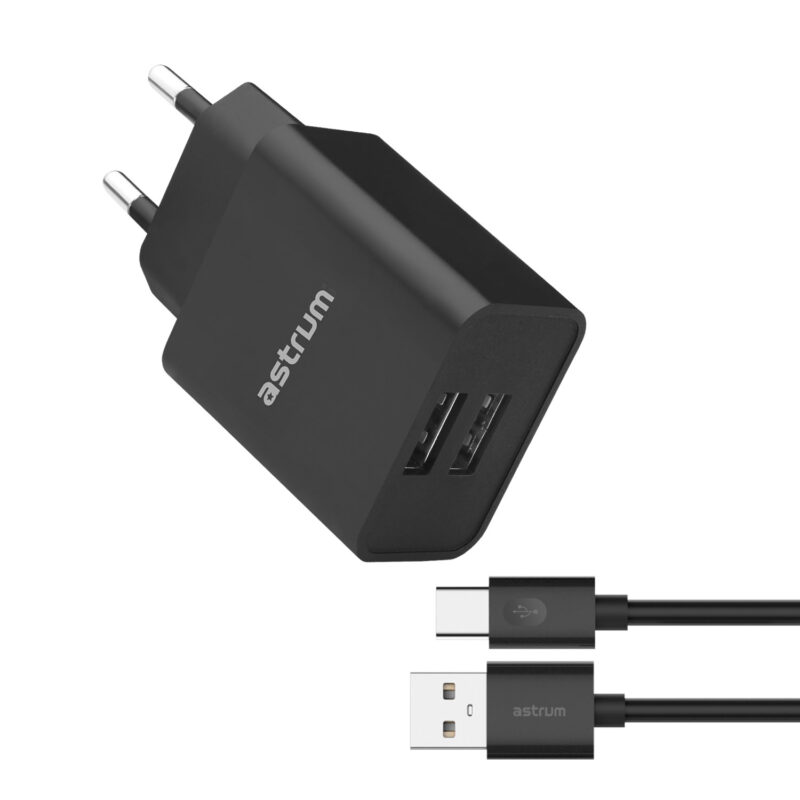 Pro Dual U24 12W Dual USB Travel Wall Charger + USB-C Cable – Black