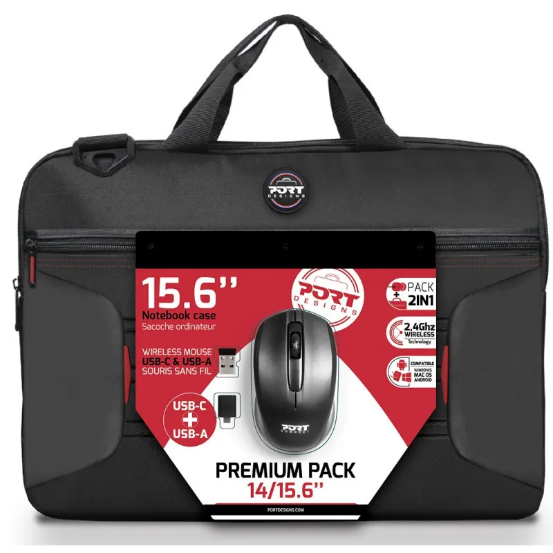 Port Premium Pack 14/15.6″ Toploader Bag with Wireless Mouse Bundle