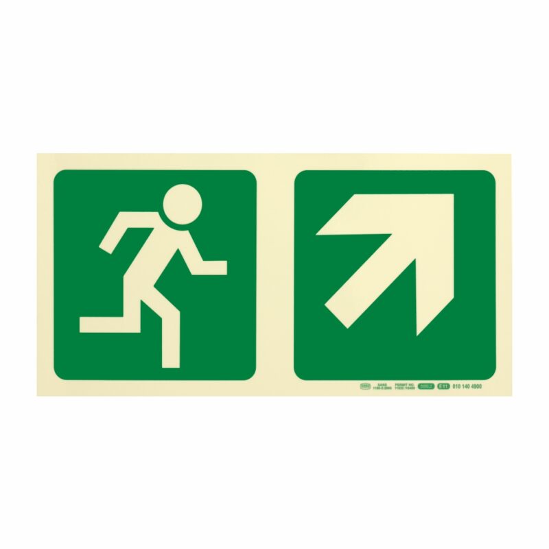 Photoluminescent 190MM Safety Sign – E11-Running Man+Diagonal Arrow Up And Right