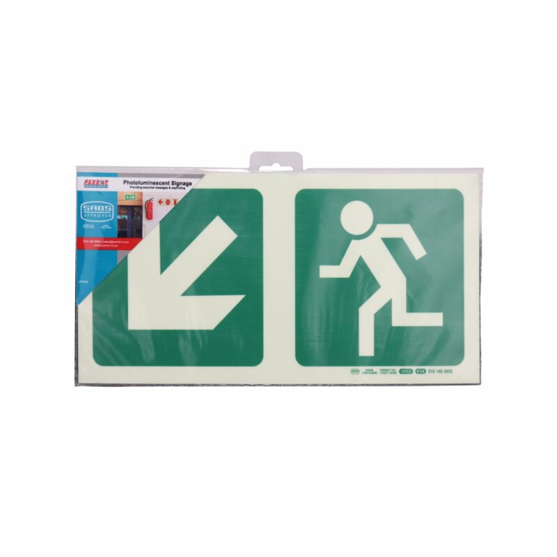 Photoluminescent 190MM Safety Sign – E14-Diagonal Arrow Down AND Left + Running Man