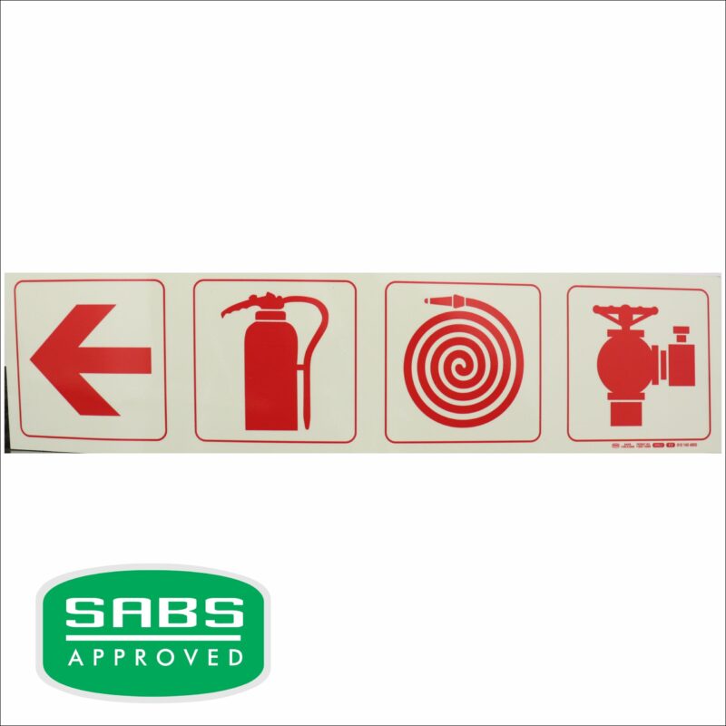 Photoluminescent 190mm Safety Sign – F1-Arrow Down + Fire Extinguisher + Fire Hose Reel+Fire Hyrant