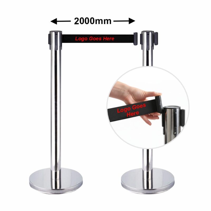 Retractable Queue Barrier Chrome With Black Belt 910x320mm With Print – Box Of 2