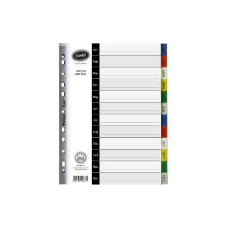 Bantex A4, PP index, Jan-Dec. division, 5 colours.