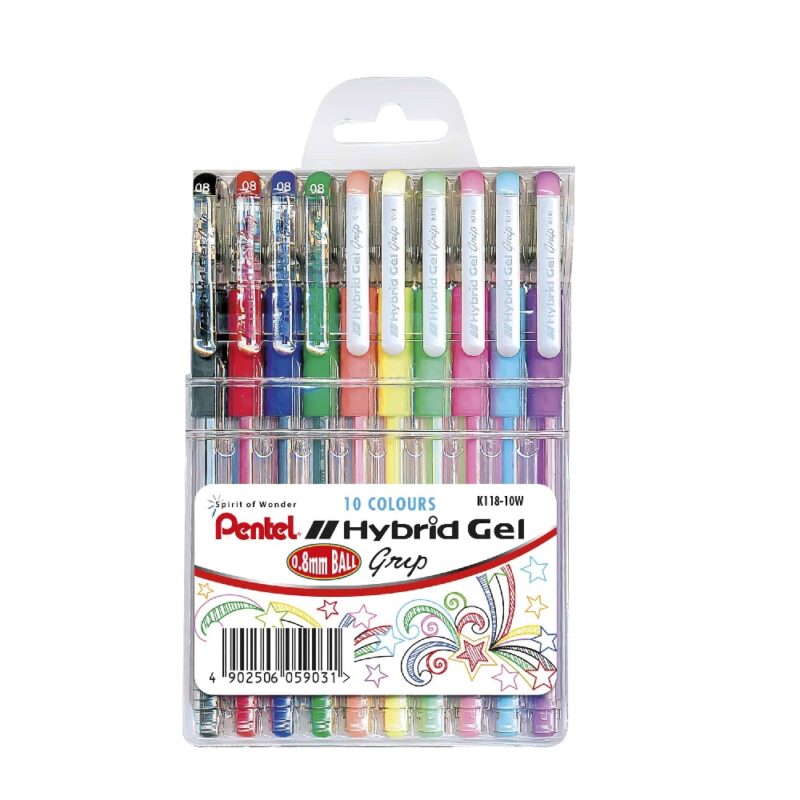 Pentel Pen K118 Hybrid Gel Grip Wallet of 10