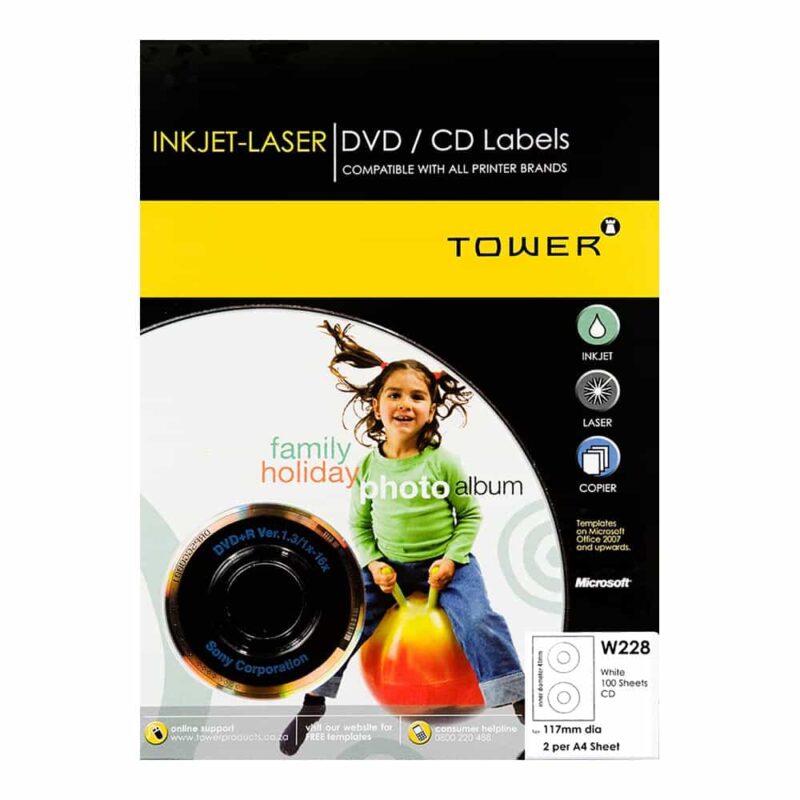 Tower A4 (117mm) CD W228 White Inkjet-Laser Printable Labels 100’s