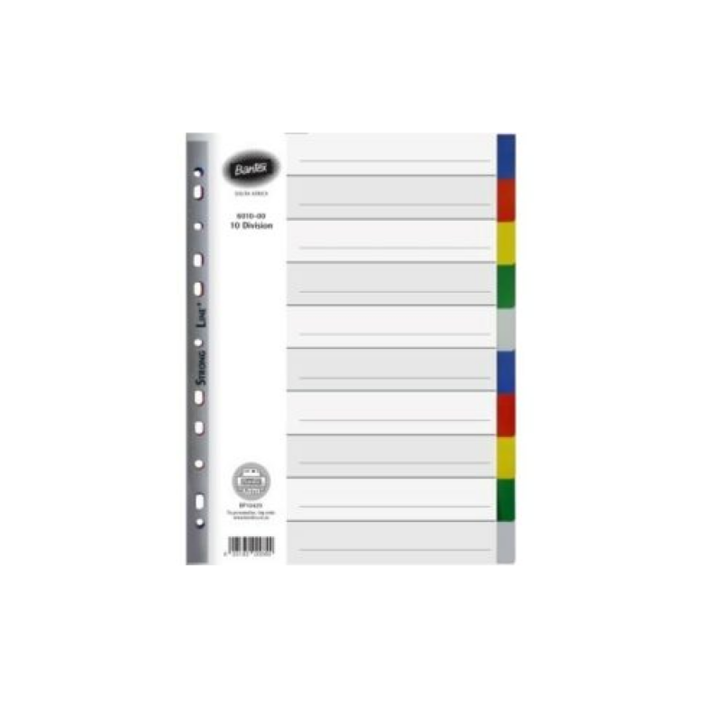 Bantex DIVIDERS PP – MULTI-PUNCHED A4, 10 division PP divider, 5 colours.