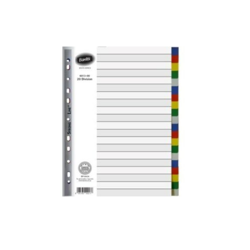 Bantex DIVIDERS PP – MULTI-PUNCHED A4, 20 division PP divider, 5 colours.