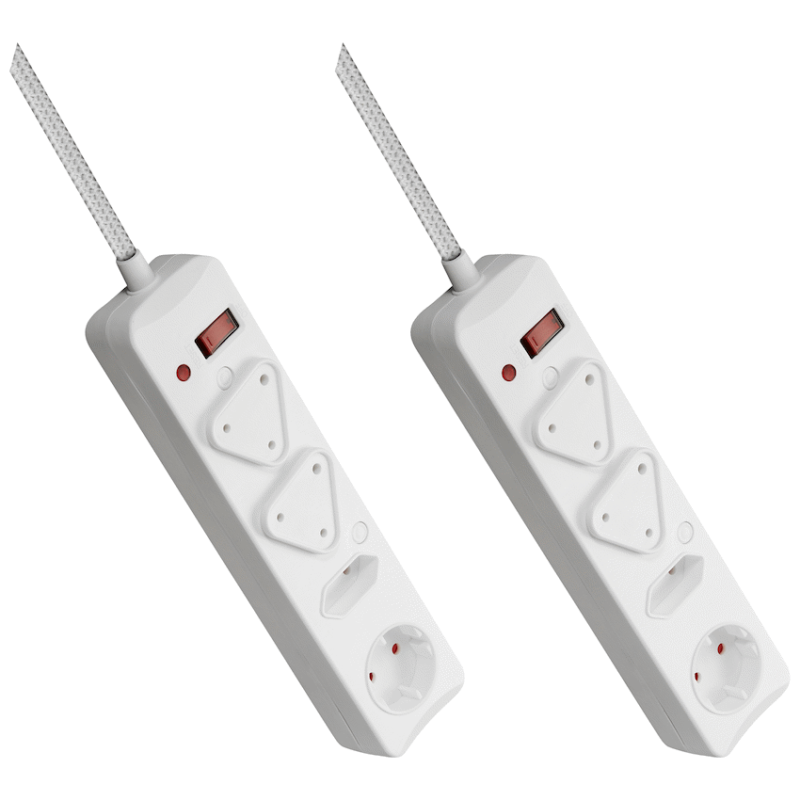 2x Switched 4-Way Surge Multiplug 3m Braided Cord – White