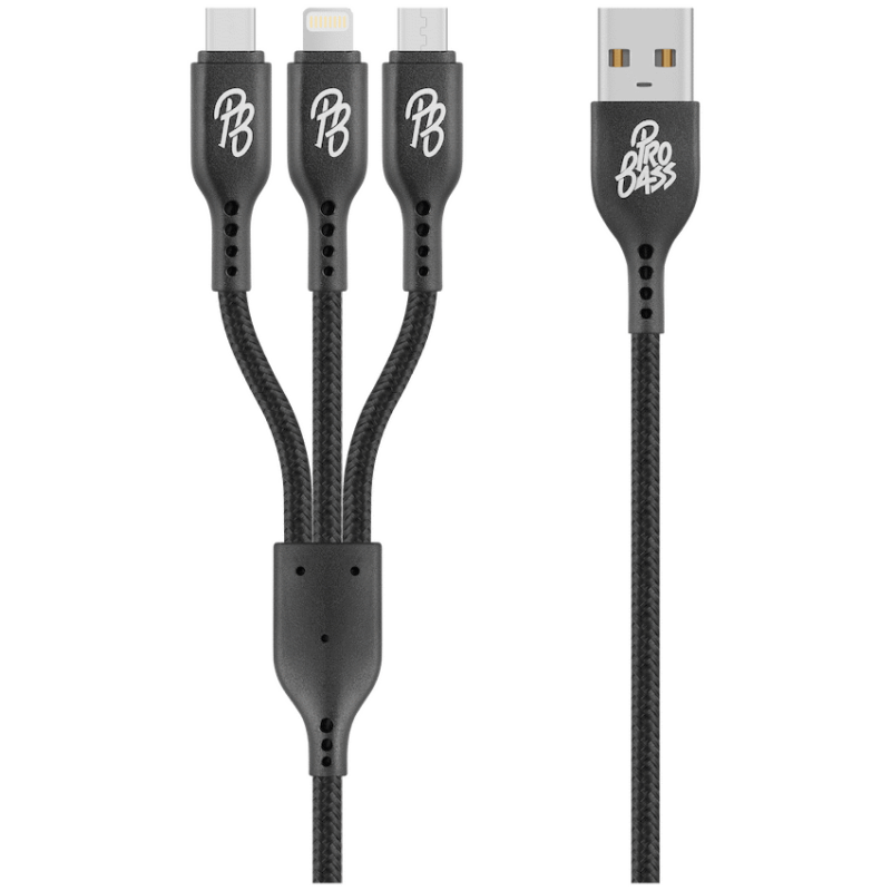 Pro Bass Braided 3-in-1 Charge Cable 1m – Black