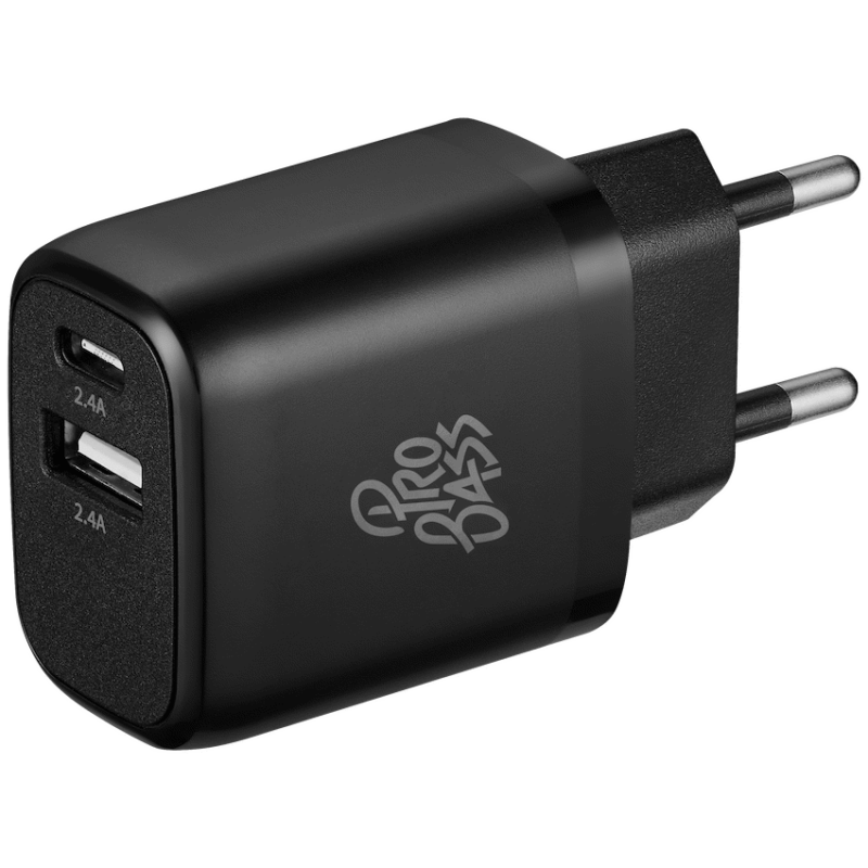 Pro Bass PowerCharge Series 12w Dual USB and Type-C Wall Charger – Black