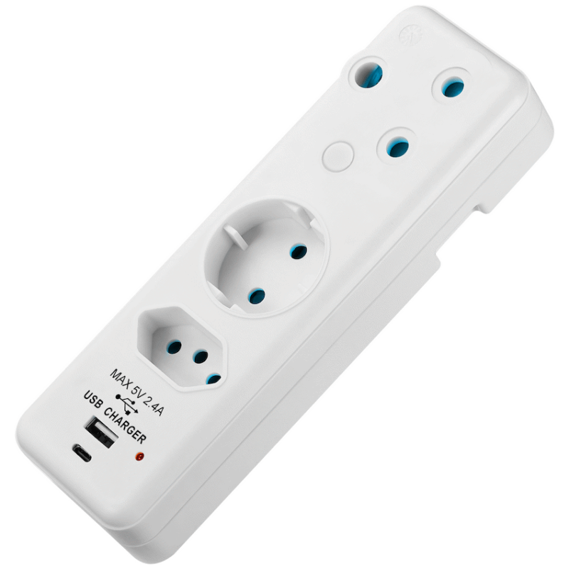 Switched 3-Way Schuko Adaptor with Type C + USB