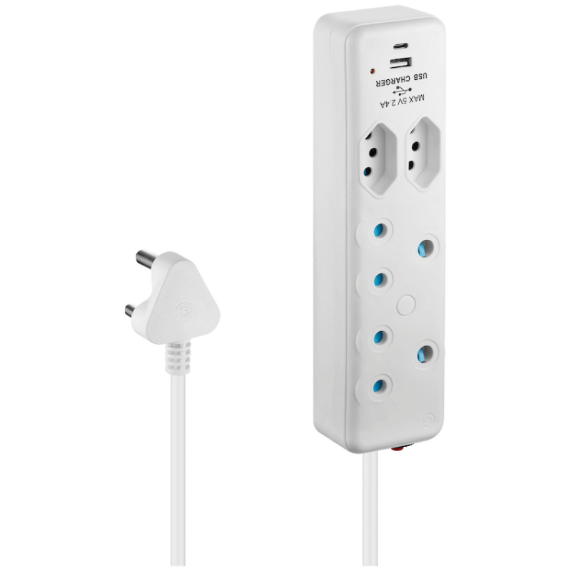 Switched 4-Way Extension Lead with 1x Type-C + 1x USB – 2m