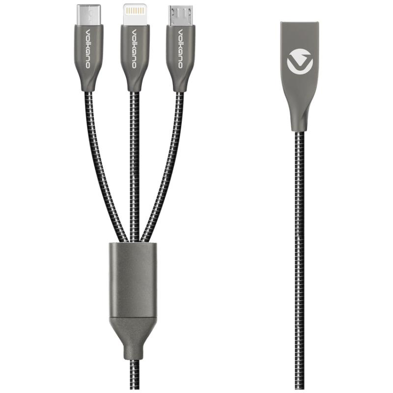 Volkano Iron Series Round Metallic Spring 3-in-1 (Type-C/Lightning/Micro) Cable 1m – Black