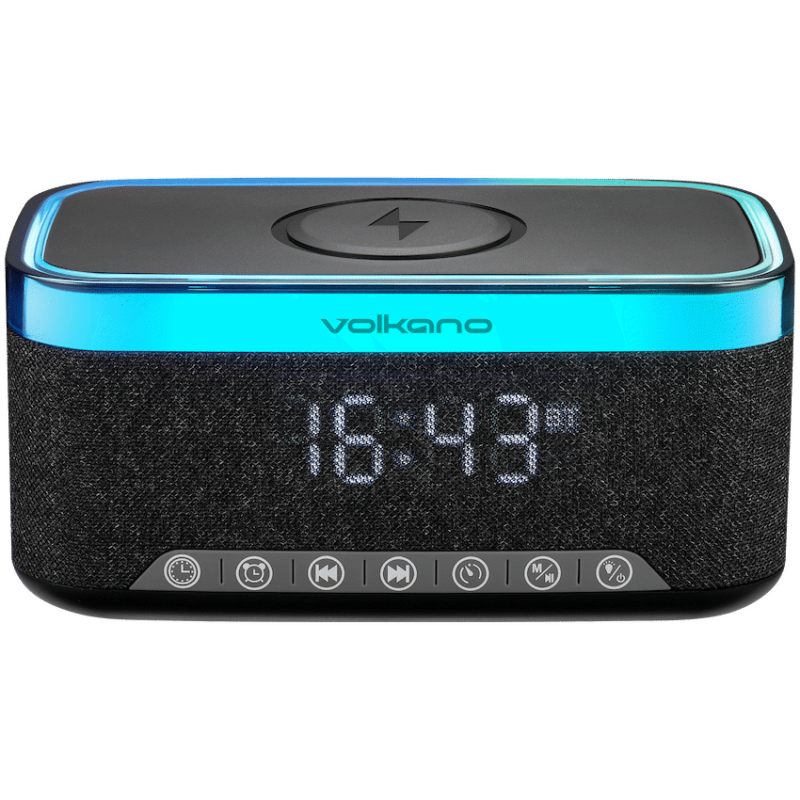 Volkano Radiant 2 Alarm Clock with Wireless Charging and Speaker – Black