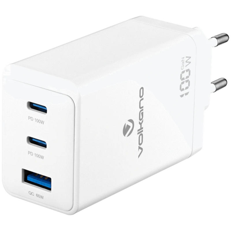 Volkano WattPro Series Triple Port 100W GanN Wall Charger – White