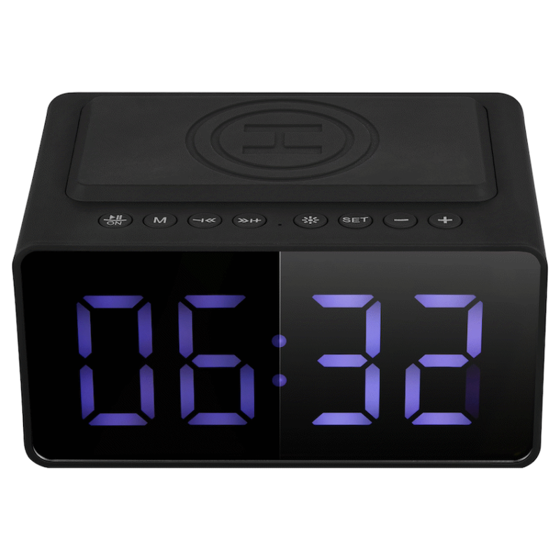 Volkano Awake Plus series Alarm Clock with Wireless Charging & Speaker – Black