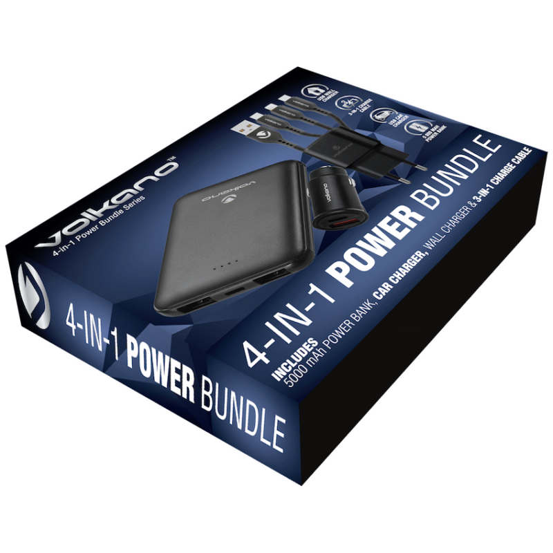 Volkano 4-in-1 Power Bundle, Power Bank, Charger, Car Charger, Cable