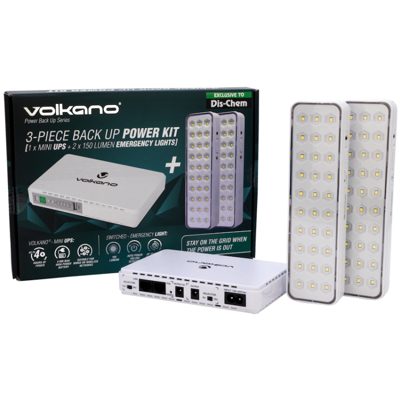 Volkano Backup Power Kit – Mini UPS + 2 150-Lumen Emergency Lights