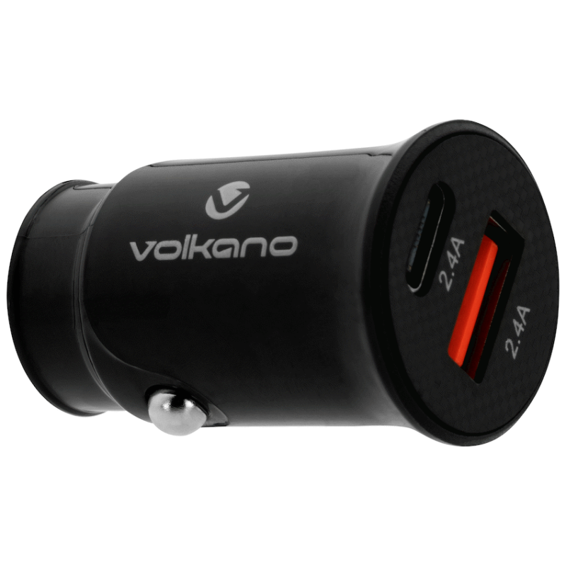 Volkano On-The-Go USB + Type-C 12w Car Charger – Black