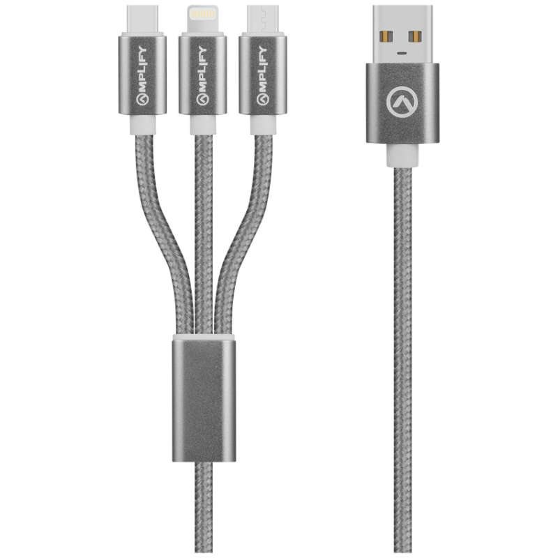 Amplify Linked Series 3-in-1 Charge Cable – Gun Metal 1.2m