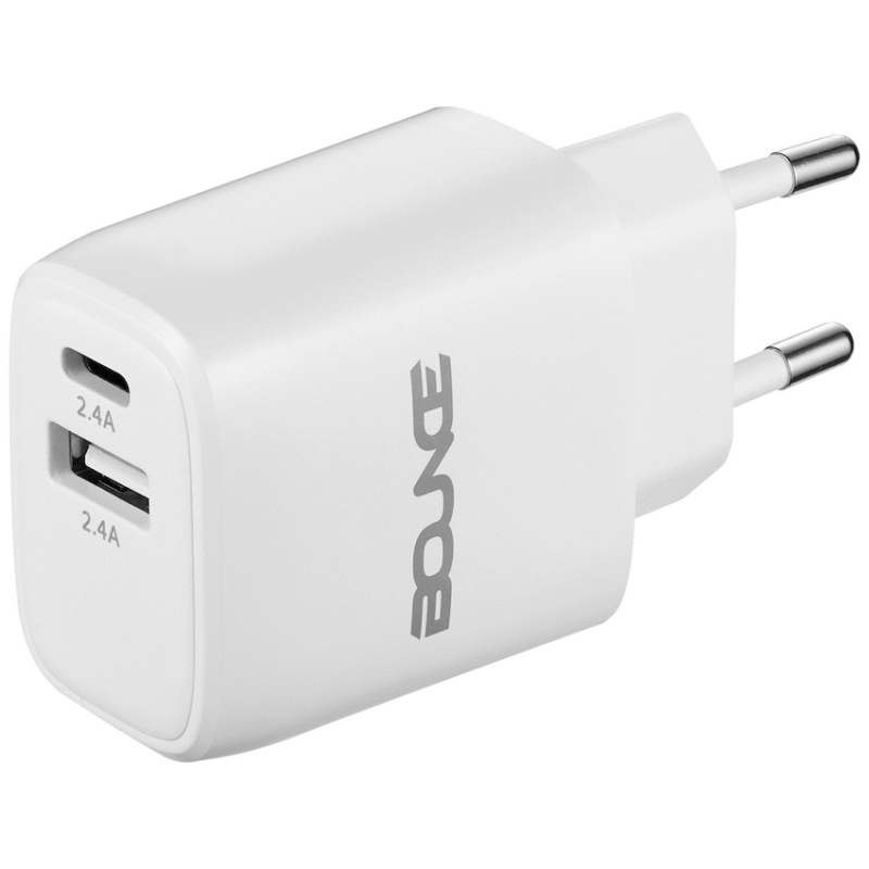 Bounce Tag Series Dual USB & USB-C 12W Wall Charger – White