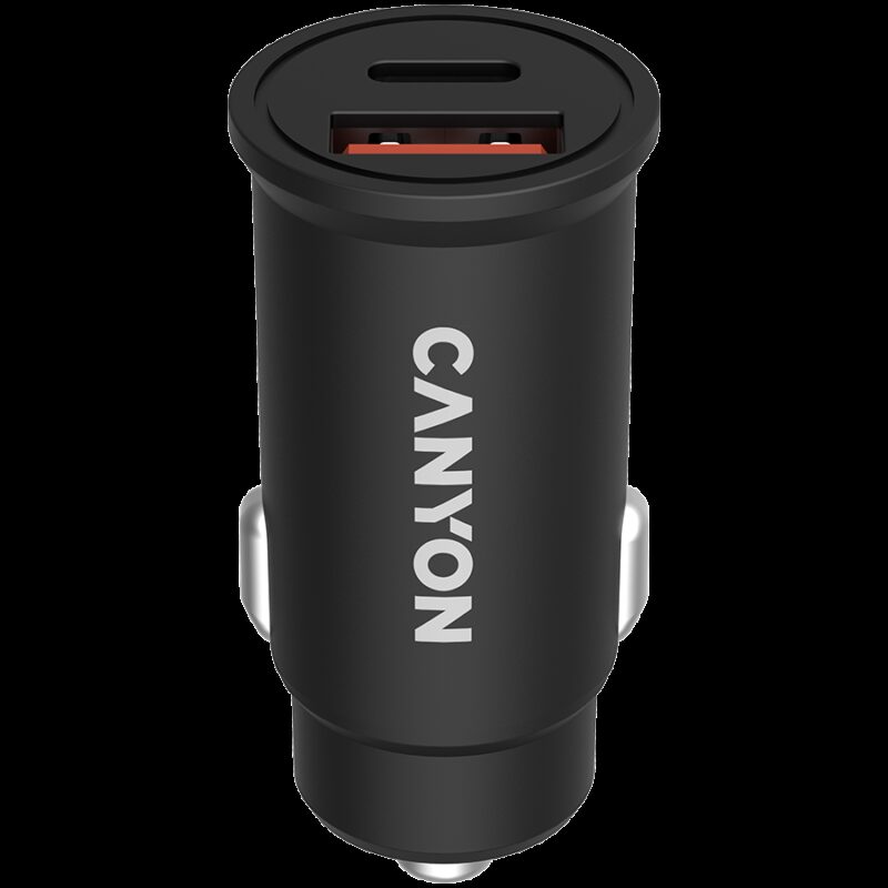CANYON C-20B03, PD 30W/QC3.0 18W Pocket size car charger with 1-USB A+ 1-USB-C Input: DC12V-24V, Output: USBC: PD30W( 5V3A/9V3A/12V2.5A/15V2A/20V1.5A),USB-A:QC3.0 18W (5V3A