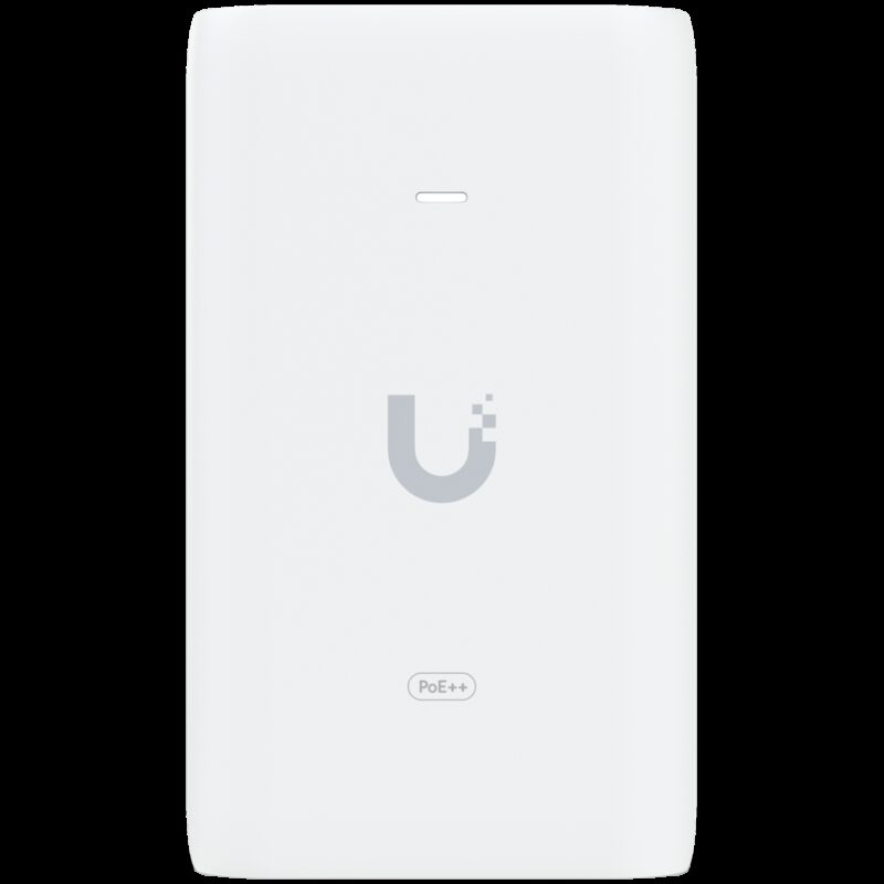 UBIQUITI PoE++ Adapter; Delivers up to 60W of PoE++; Surge, peak pulse, and overcurrent protection; Contains RJ45 data input, AC cable with earth ground, and PoE++ output; LED indicator for status monitoring.
