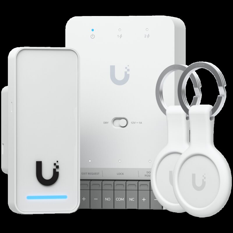 Ubiquity UA-G3-SK all-in-one kit for UniFi Access, designed to manage a single door with one reader. Supports seamless setup and Apple Touch Pass for modern, secure access control, Door Hub Mini, G3 Reader, 2x Pocket Keyfobs