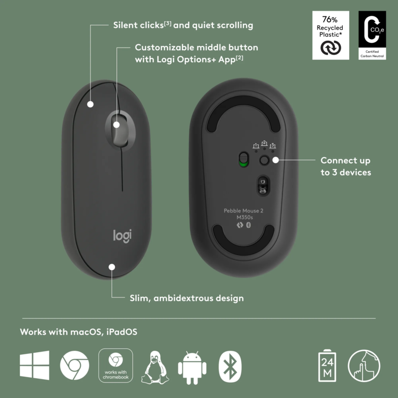 Logitech(R) Pebble Mouse 2 M350s – Tonal Graphite – BT – Dongleless