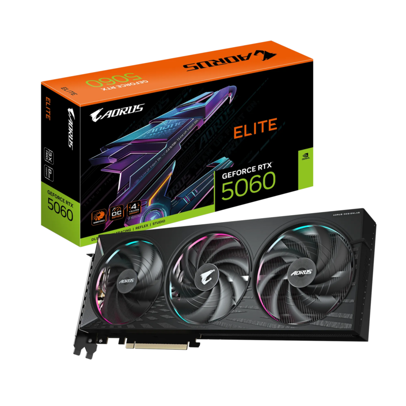 GIGABYTE nVidia GeForce RTX 5060 AORUS ELITE 8GB – 8GB GDDR7; 128-Bit Memory Bus; 1x HDMI; 3x DisplayPort .
