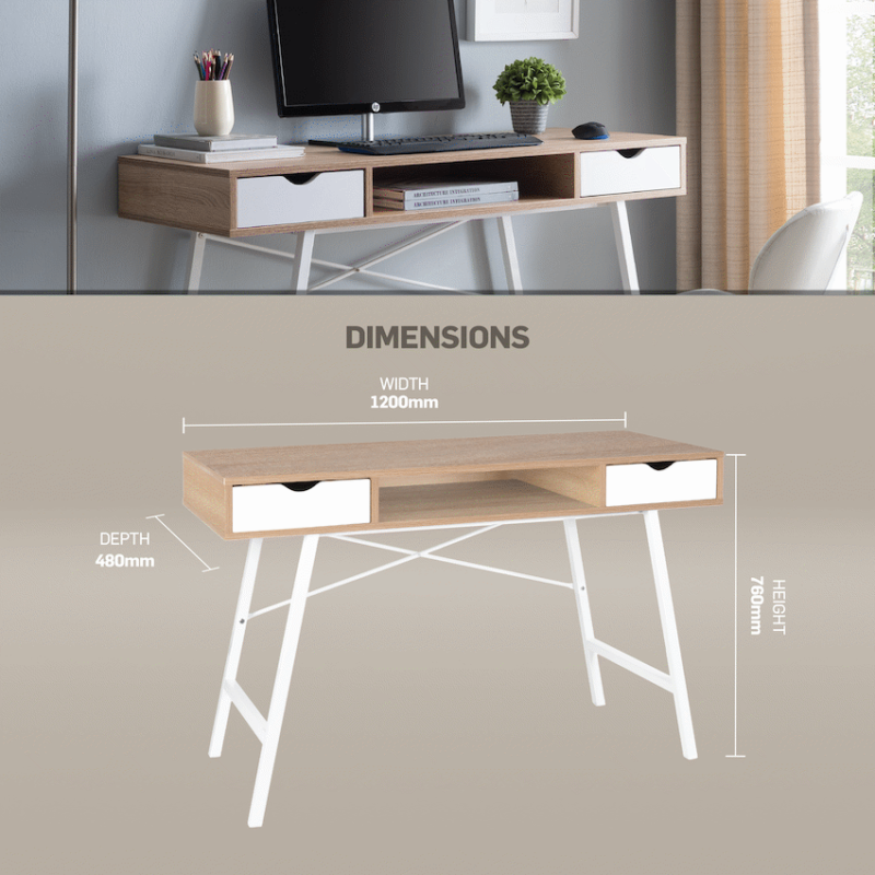 Everfurn Rain Work Desk – Study Desk with Two Drawers, Steel Frame, Adjustable Feet