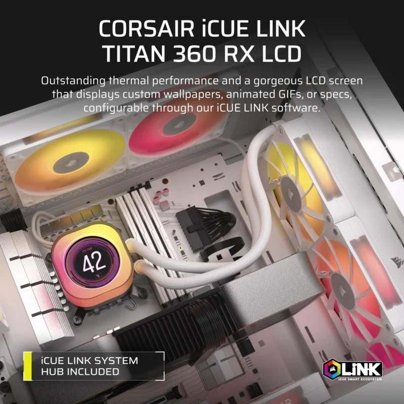 Corsair iCUE LINK TITAN 360 RX LCD Liquid CPU Cooler – White – RX120 RGB Fans – Fits Intel® LGA 1851/1700; AMD® AM5/AM4.