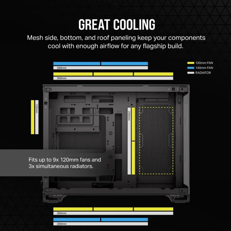 2500D Airflow Black Mid-Tower Dual Chamber PC Case; 2x 3.5” |  2x 2.5” Drive Bays; Up to 360mm Radiator compatible