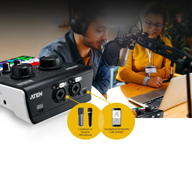 Aten Podcast AI Audio Mixer 6-Channel