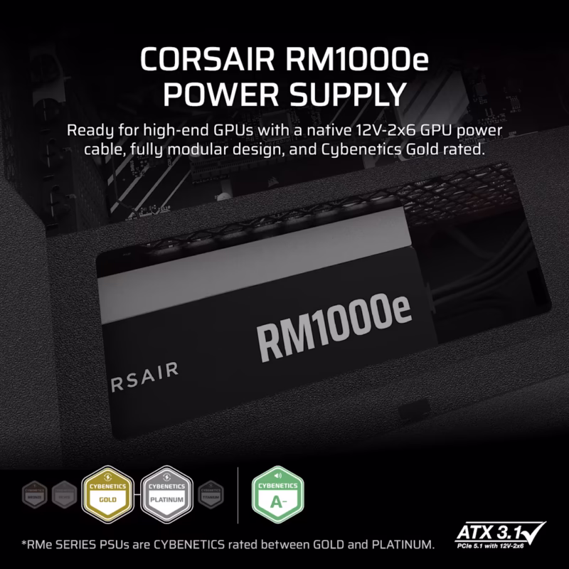 Corsair RM Series RM1000e _ 1000 Watt 80 PLUS Gold Fully Modular ATX PSU; ATX 3.1 and PCIE 5.1 ; 7yr Warranty