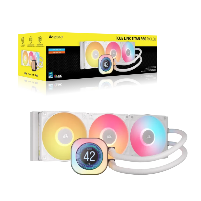 Corsair iCUE LINK TITAN 240 RX LCD Liquid CPU Cooler – White – RX120 RGB Fans – Fits Intel® LGA 1851/1700; AMD® AM5/AM4.