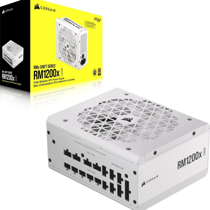 Corsair RM1200x Shift White  —1200 Watt 80 PLUS Gold;10yr Warranty. ATX (1); EPS (2);PCI-E (4);12VHPWR (1);PATA (8);SATA (12)
