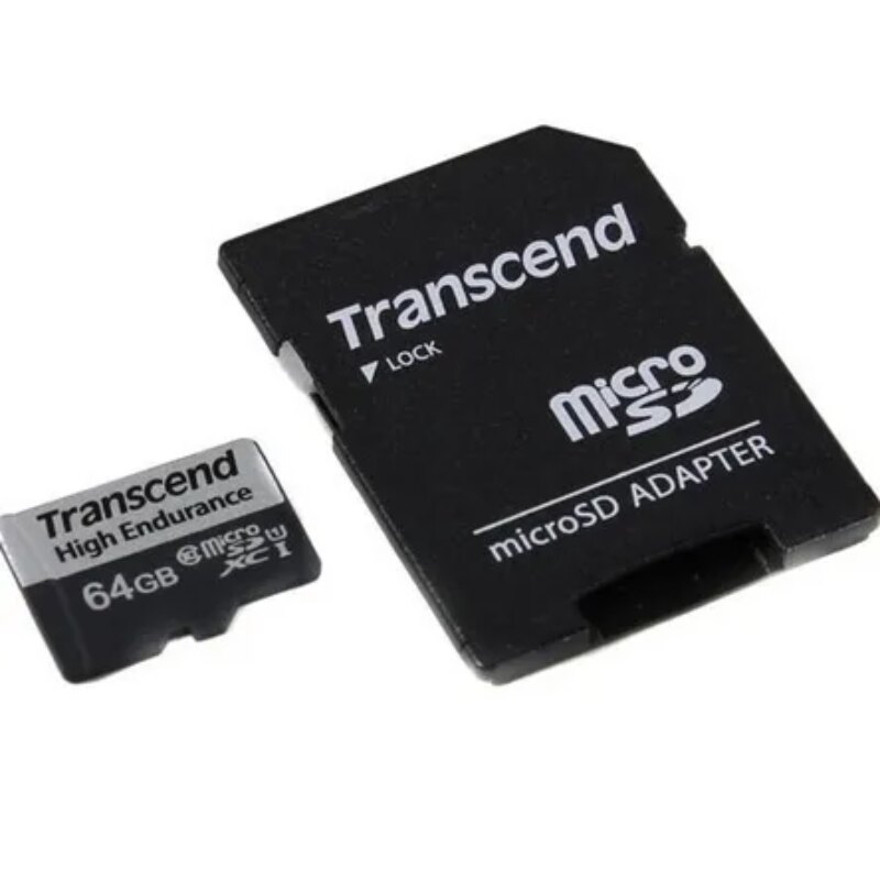 TRANSCEND 350V 64GB HIGH ENDURANCE MICRO SD UHS-I  U1 CLASS10 – READ 100 MB/S – WRITE 45MB/S – WITH SD ADPTOR