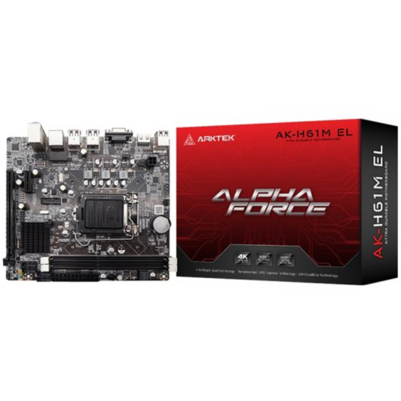 Arktek Intel H61 Chipset, Socket LGA1155, Dual Channel DDR3, Integrated Intel Graphics X4500 HD, 2 x DDR3 Slots, Realtek 10/100/1000 Gigabit LAN, Realtek Audio, 4 x SATA Ports, 2 x USB 2.0, 1 x PCI Express x16 Slot, Micro-ATX