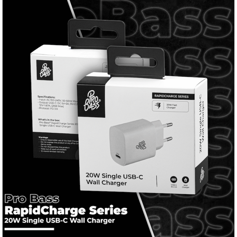 Pro Bass RapidCharge Series 20w Single Type-C Wall Charger – White