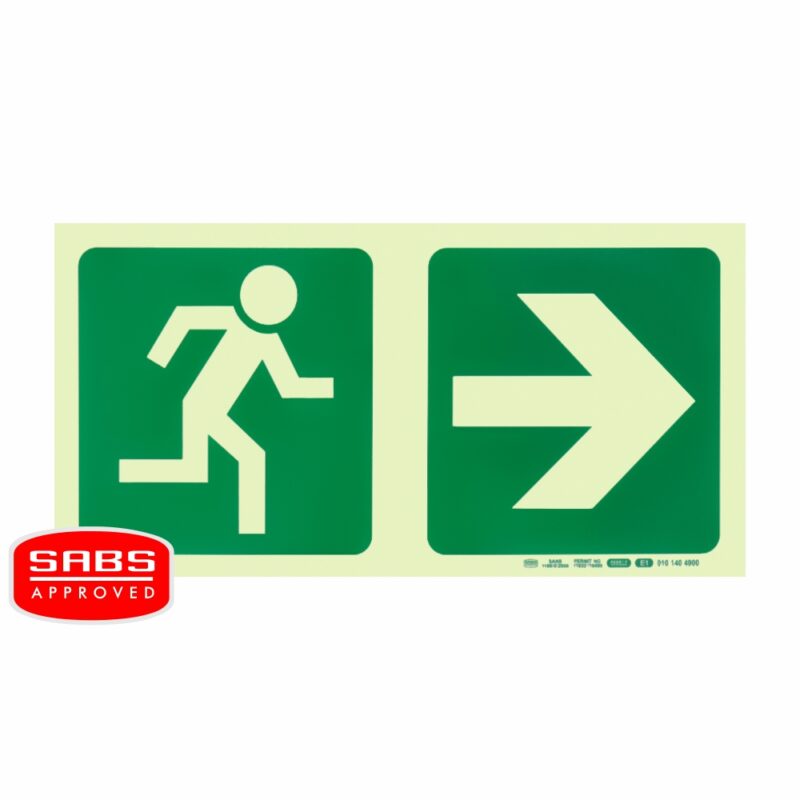 Photoluminescent 190MM Safety Sign – E1-Running Man+Arrow Right