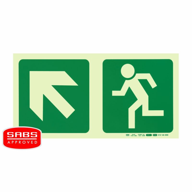 Photoluminescent 190MM Safety Sign – E12-Diagonal Arrow Up AND Left+Running Man