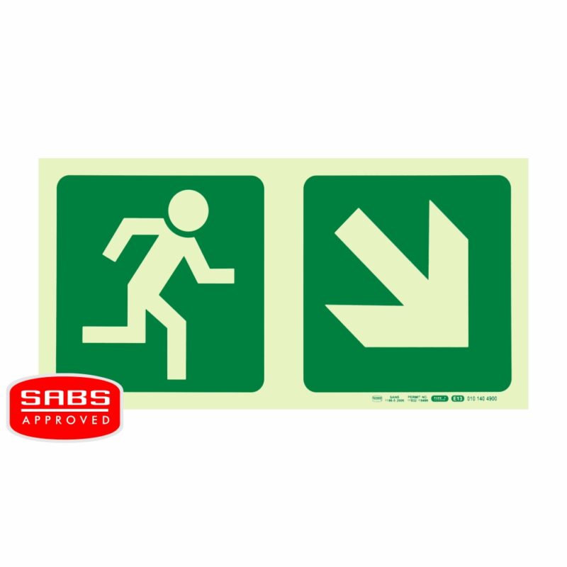 Photoluminescent 190MM Safety Sign – E13-Running Man+Diagonal Arrow Down AND Right