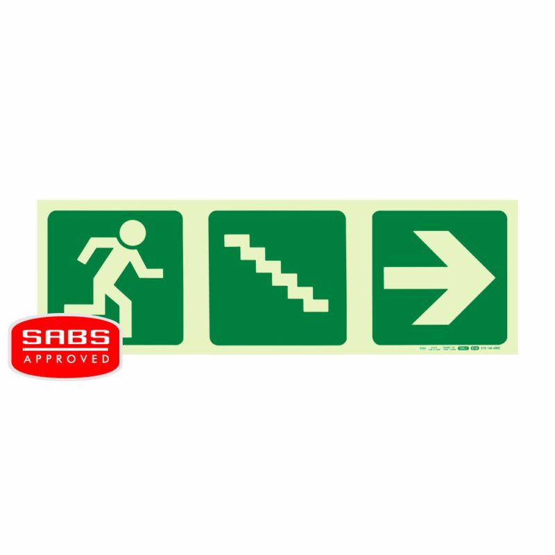 Photoluminescent 190MM Safety Sign – E16-Running Man+Stairs Going Down+Arrow Right