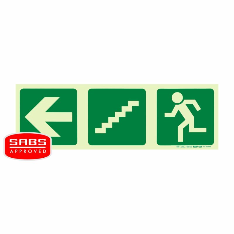 Photoluminescent 190MM Safety Sign – E17-Arrow Left+Stairs Going Down+Running Man