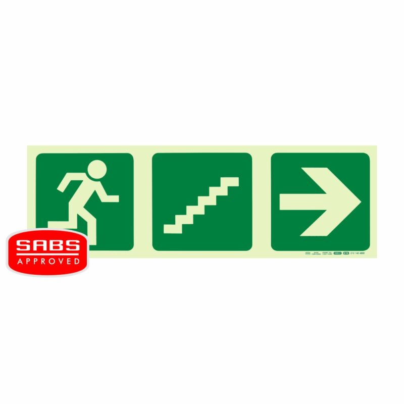 Photoluminescent 190MM Safety Sign – E18-Running Man+Stairs Going Up+Arrow Right