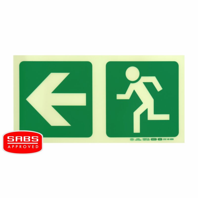 Photoluminescent 190MM Safety Sign – E2-Arrow Left+Running Man