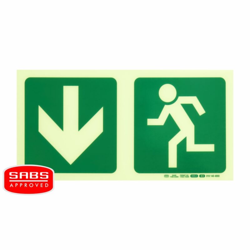 Photoluminescent 190MM Safety Sign – E3-Arrow Down+Running Man