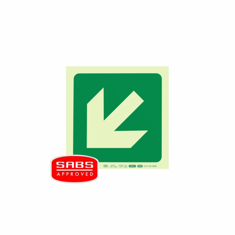 Photoluminescent 190MM Safety Sign – E30-Diagonal Arrow Down AND Left